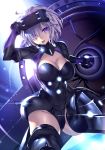  armor armored_dress black_armor black_leotard breasts cleavage cleavage_cutout commentary_request fate/grand_order fate_(series) gloves greaves hair_over_one_eye heirou holding_shield large_breasts lavender_hair leotard looking_at_viewer mash_kyrielight open_mouth ortenaus pauldrons purple_eyes purple_hair shield short_hair solo thighhighs thighs visor 