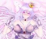  1girl bangs bed blush booette breasts cleavage closed_mouth crown dress female gloves glowing glowing_eyes high_resolution large_breasts large_filesize long_hair looking_at_viewer luigi&#039;s_mansion lying lying_on_bed mario_(series) new_super_mario_bros._u_deluxe nintendo on_bed picantium pointy_ears purple_eyes ribbon short_sleeves silver_hair super_crown transparent_clothes very_high_resolution white_dress white_gloves 