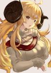  absurdres adapted_costume ahoge anila_(granblue_fantasy) blonde_hair breasts cleavage commentary_request detached_collar draph eyebrows_visible_through_hair fur_trim granblue_fantasy highres horns large_breasts long_hair maou_(maoudaisukiya) open_mouth ribbed_sweater sheep_horns simple_background sketch sleeves_past_wrists solo sweater thick_eyebrows turtleneck turtleneck_sweater upper_body yellow_eyes 