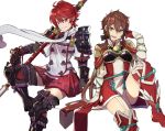  armor bangs black_footwear black_hair blush boots circlet cosplay costume_switch ebinku elbow_sleeve eyebrows_visible_through_hair fire_emblem fire_emblem_if highres hinoka_(fire_emblem_if) hinoka_(fire_emblem_if)_(cosplay) long_hair looking_at_viewer lora_(xenoblade_2) lora_(xenoblade_2)_(cosplay) multiple_girls parted_bangs parted_lips pauldrons pegasus_knight pleated_skirt red_eyes red_footwear red_hair red_legwear short_hair simple_background skirt smile thigh_boots thighhighs upper_teeth white_background xenoblade_(series) xenoblade_2 xenoblade_2:_ogon_no_kuri_ira yellow_eyes zettai_ryouiki 