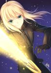  artoria_pendragon_(all) bangs black_gloves black_jacket black_neckwear blonde_hair closed_mouth collared_shirt commentary excalibur eyebrows_visible_through_hair fate/zero fate_(series) gloves glowing glowing_sword glowing_weapon gogatsu_fukuin green_eyes grey_shirt hair_between_eyes highres holding holding_sword holding_weapon jacket long_hair long_sleeves looking_at_viewer necktie purple_background saber shirt signature solo sword v-shaped_eyebrows weapon 