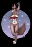  2018 anthro belly blush bow breasts canine christmas clothed clothing ear_piercing female fox freckles fur hair holidays mammal megnog mistletoe nuna_tozzi open_mouth piercing plant slightly_chubby solo standing teeth tongue 