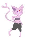  2018 3_fingers anthro biped clothed clothing eeveelution espeon eyelashes feline female fluffy fur hand_on_hip hi_res legwear long_tail looking_at_viewer mammal navel nintendo pok&eacute;mon pok&eacute;mon_(species) purple_eyes purple_fur rebornisaac simple_background smile solo standing video_games white_background wristband yoga 