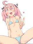  :d absurdres ahoge bikini breasts edisonabismo flat_chest hair_between_eyes hair_ribbon happy_(eds) heart highres navel open_mouth original pink_eyes pink_hair ribbon small_breasts smile swimsuit thick_eyebrows twintails v white_background 