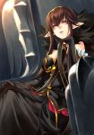  black_dress black_hair breasts bridal_gauntlets brown_hair chair cleavage commentary_request detached_sleeves dress fate/apocrypha fate/grand_order fate_(series) fur_trim hair_between_eyes hand_on_own_chin large_breasts long_dress long_hair pointy_ears semiramis_(fate) shimozuki_shio sitting throne very_long_hair yellow_eyes 