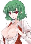  breasts green_hair kazami_yuuka large_breasts nipples open_clothes open_shirt plaid plaid_vest red_eyes shirt short_hair smile solo touhou tsurime upper_body utakata_(kochou_no_yume) vest 