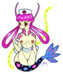  blue_eyes blush breasts furry ivanks joy_(pokemon) large_breasts milotic nintendo nipples nurse nurse_joy pink_hair pokemon pussy tail transformation 