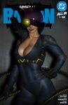  1girl 7th_artist batman_(series) black_bodysuit bodysuit breasts catsuit catwoman catwoman_(absolute_dc) catwoman_(comic) dark-skinned_female dark_skin dc_comics holding holding_whip large_breasts leather_suit solo whip 