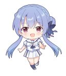 1girl :d \||/ ascot black_ascot black_bow blue_hair blush bow braid chibi chibi_only commentary crown_braid full_body hair_between_eyes hair_bow hair_bun highres kk0220 long_hair looking_at_viewer miniskirt open_mouth pleated_skirt puffy_short_sleeves puffy_sleeves red_eyes sailor_collar school_uniform serafuku shirt short_sleeves sidelocks simple_background single_hair_bun skirt smile solo sorakado_ao summer_pockets summer_pockets_school_uniform very_long_hair white_background white_sailor_collar white_serafuku white_shirt white_skirt 