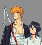  1boy 1girl black_hair black_hakama bleach hakama haori isaacchief300 japanese_clothes jewelry kuchiki_rukia kurosaki_ichigo necklace orange_hair shihakusho shikai spiked_hair taichou_haori zangetsu_(shikai) zanpakutou 