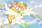  2015 ambiguous_gender cloud digital_drawing_(artwork) digital_media_(artwork) duo eyewear feral glasses green_eyes legendary_pok&eacute;mon nintendo one_eye_closed open_mouth pok&eacute;mon pok&eacute;mon_(species) raichu rainbow scarf shaymin shaymin_(sky_form) video_games yaoimeowmaster 