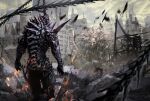  1other abara armor black_armor building cloud cloudy_sky commentary_request debris destruction feet_out_of_frame from_behind gas1 giant giant_monster highres no_humans outdoors scenery science_fiction sky sparks tentacles 