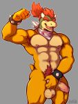 abs absurd_res aged_up anthro armpit_hair artejaxton balls biceps body_hair bowser_jr. digital_media_(artwork) erection genitals hair hand_on_penis hi_res horn humanoid_genitalia humanoid_penis kerchief kerchief_only koopa looking_at_viewer male mario_bros muscular muscular_anthro muscular_male nintendo nipples non-mammal_balls non-mammal_nipples nude open_mouth pecs penis pubes red_hair scalie simple_background smile solo standing tail teeth tongue
