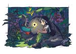  1girl absurdres alternate_costume bird bird_wings black_hair black_shoes black_sun black_wings bow cassowary chest_eye closed_mouth collared_shirt commentary doggo_1d34 forest green_bow green_pants hair_bow highres long_hair nature outdoors pants plant pointy_ears red_eyes reiuji_utsuho shirt shoes short_hair short_sleeves signature smile solo sun third_eye touhou twitter_username white_shirt wings 