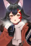  1girl :o @-you_(you_2023_8_16) animal_ear_fluff animal_ears black_hair blurry blurry_foreground blush breath brown_coat brown_eyes can canned_coffee coat cold commentary_request depth_of_field drink_can ear_blush flipped_hair hair_between_eyes hair_ornament hairclip highres holding holding_can hololive incoming_drink long_hair multicolored_hair ookami_mio open_mouth red_streaks scarf sidelocks single_hair_streak solo spiked_hair steam streaked_hair upper_body virtual_youtuber white_scarf winter_clothes wolf_ears 