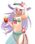  arm_up armpits bangs bare_shoulders bikini breasts closed_mouth collarbone cowboy_shot cup facial_scar floating_hair flower green_bikini hair_between_eyes hand_on_headwear hat hat_flower heterochromia highres holding holding_cup hurricane_glass long_hair looking_at_viewer mahcdai navel original purple_eyes sarong scar see-through sidelocks simple_background small_breasts smile solo sun_hat swimsuit tropical_drink very_long_hair white_background white_hair white_hat yellow_eyes 