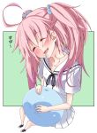  1girl :3 :d ahoge alternate_costume azumaya_(miyui001) black_shoes blush breasts child commentary_request creature creature_hair_ornament drooling fang green_background hair_between_eyes hair_ornament holding holding_creature long_hair messy_hair milim_nava miniskirt open_mouth pink_hair pleated_skirt rimuru_tempest_(slime) sailor_collar sailor_shirt saliva_on_breasts shirt shoes simple_background skin_fang skirt sleeping slime_(creature) small_breasts smile sneakers solo tensei_shitara_slime_datta_ken translation_request twintails white_background white_sailor_collar white_shirt white_skirt 
