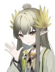  1girl aisaji arknights black_choker choker closed_mouth commentary elf grey_hair grey_jacket hand_up highres infection_monitor_(arknights) jacket long_hair long_sidelocks long_sleeves looking_at_viewer mole mole_under_eye muelsyse_(arknights) open_clothes open_jacket pointy_ears portrait sidelocks simple_background smile solo waving white_background yellow_eyes 