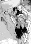  !? 2boys ? absurdres armor baggy_pants bare_shoulders barefoot bit_(8115894) blanket blush branch checkered_floor clipboard commentary_request fate/grand_order fate_(series) faulds feathers flower_tattoo from_behind fujimaru_ritsuka_(male) full-face_blush gilgamesh_(caster)_(fate) gilgamesh_(fate) greyscale hair_between_eyes hand_on_another's_head hand_up highres imminent_kiss indoors japanese_armor jar kote kurokote leaf looking_at_another looking_up lying lying_on_person male_focus monochrome multiple_boys on_back on_bed on_stomach pants pillow shadow shirt short_hair short_sleeves shorts shoulder_tattoo speech_bubble spoken_question_mark surprised t-shirt tattoo tree veil vest wide-eyed yaoi 