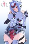  1girl android armored_leotard atta_(atta_1129) bare_shoulders blue_hair breasts commentary commission elbow_gloves english_commentary forehead_protector gloves hair_intakes highres kos-mos large_breasts leotard long_hair mechabare mechanical_pussy pixiv_commission red_eyes sidelocks solo thighhighs white_leotard wombforce xenoblade_chronicles_(series) xenoblade_chronicles_2 