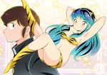  1boy 1girl animal_print arms_up bikini blue_hair breasts brown_eyes brown_hair cleavage commentary_request cone_horns fur_bikini gakuran highres horns kiririn_(pixiv_31446855) leg_up long_hair lum midriff moroboshi_ataru print_bikini print_boots school_uniform short_hair small_horns star_(symbol) strapless strapless_bikini striped_horns swimsuit tiger_panties tiger_print urusei_yatsura yellow_background yellow_bikini yellow_horns 