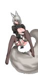  1girl ahri animal_ears black_dress breasts cleavage cleavage_cutout dress fox_ears fox_tail gloves large_breasts league_of_legends radiocupcake short_hair silver_hair tail thighhighs thighs whisker_markings white_gloves yellow_eyes yorha_no._2_type_b 