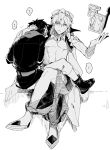  ... 2boys absurdres armor bare_shoulders belt bit_(8115894) boots chain circlet closed_mouth commentary_request crossed_legs dingir_(fate) earrings fate/grand_order fate_(series) fingernails flower_tattoo from_behind fujimaru_ritsuka_(male) fujimaru_ritsuka_(male)_(true_ether_chaldea_uniform) gem gilgamesh_(caster)_(fate) gilgamesh_(fate) greyscale hair_between_eyes half-closed_eyes hand_on_another's_head hands_up highres hoop_earrings jacket japanese_armor jewelry kote kurokote lapels looking_afar male_focus monochrome multiple_boys open_clothes open_vest pants pectorals petting sandals scarf short_hair shoulder_tattoo simple_background sitting speech_bubble spoken_ellipsis stone_tablet sweatdrop tattoo turban vest yaoi 