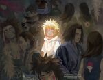  artist_name blonde_hair highres jacket kokodrawings multiple_persona namikaze_minato naruto_(series) signature solo_focus spiked_hair surrounded too_many twitter_username white_jacket 