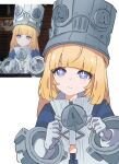  1girl blonde_hair blue_eyes blue_jacket blush closed_mouth commentary_request game_screenshot_inset gloves grey_hat hands_up hat highres jacket kaki1345846 large_hat long_hair norma_(zenless_zone_zero) screenshot_inset smile star-shaped_pupils star_(symbol) symbol-shaped_pupils upper_body white_background white_gloves zenless_zone_zero 