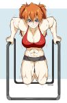  1girl abs biceps blue_eyes eudetenis exercise muscle muscular_female neon_genesis_evangelion orange_hair short_shorts shorts soryu_asuka_langley sports_bra sweat 