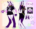  2025 alternative_fashion anthro big_ears boss_monster_(undertale) bottomwear bovid bracelet caprine clothing crop_top digitigrade dyrdeer elfie_(dyrdeer) eyewear fan_character femboy glasses goat hair hi_res jewelry lgbt_pride male mammal open_mouth pawpads paws pride_color_clothing pride_colors purple_body scarf scene_(fashion) scut_tail shirt short_tail shorts simple_background smile solo speech_bubble sprite_art tail topwear trans_(lore) trans_man_(lore) white_body white_hair 
