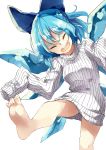  barefoot blue_bow blue_hair bow cirno closed_eyes deetamu hair_bow highres naked_sweater open_mouth ribbed_sweater sleeves_past_fingers sleeves_past_wrists solo sweater touhou turtleneck turtleneck_sweater white_sweater wings 