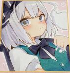  1girl black_bow black_bowtie black_hairband blue_eyes blush bow bowtie closed_mouth collared_shirt commentary_request green_vest grey_hair hairband highres hitodama hitodama_print konpaku_youmu konpaku_youmu_(ghost) looking_at_viewer medium_hair moni_monico puffy_short_sleeves puffy_sleeves shikishi shirt short_sleeves smile solo sword touhou traditional_media upper_body vest weapon white_shirt 