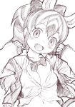  1girl animal_print bow bowtie breasts cleavage crop_top extra_ears fang happy head_tilt highres jacket kemono_friends loose_clothes masuyama_ryou medium_breasts monochrome navel partially_unbuttoned quagga_(kemono_friends) sleeves_past_wrists unbuttoned zebra_print 