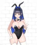  1girl alternate_costume animal_ears bare_shoulders black_leotard blue_eyes blue_hair bow bowtie breasts cleavage commentary covered_navel detached_collar fake_animal_ears hair_intakes highleg highleg_leotard highres hololive hololive_english large_breasts leotard long_hair looking_at_viewer multicolored_hair navel ouro_kronii playboy_bunny rabbit_ears senpaisif smile solo strapless strapless_leotard thighhighs traditional_bowtie virtual_youtuber white_thighhighs white_wrist_cuffs wrist_cuffs 