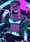  akali bare_shoulders baseball_cap belt breasts cleavage half-closed_eyes hat holding jacket k/da_(league_of_legends) k/da_akali league_of_legends long_hair looking_at_viewer marchab_66 mask midriff navel neon_lights off_shoulder ponytail solo yellow_eyes 