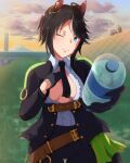  1boy 4girls ahoge animal_ears belt black_gloves black_hair black_jacket black_necktie blue_eyes blush bottle breasts brown_belt center_frills cleavage closed_mouth collared_shirt commentary_request cowboy_shot dusk ear_ornament ear_piercing frilled_shirt frills fuji_kiseki_(shooting_star_revue)_(umamusume) fuji_kiseki_(umamusume) gloves grass hand_on_own_chest holding holding_bottle horse_ears horse_girl horse_tail jacket jungle_pocket_(umamusume) long_sleeves looking_at_viewer mai_(umamusume) medium_breasts multicolored_hair multiple_girls necktie no_bra noteblue one_eye_closed outdoors partially_unbuttoned piercing revision ru_(umamusume) shima_(umamusume) shirt short_hair sidelocks smile solo_focus standing swept_bangs tail trainer_(umamusume) trainer_tanabe umamusume umamusume:_beginning_of_a_new_era underbust water_bottle white_hair white_shirt 