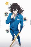  1boy absurdres artist_name black_hair blue_jacket blue_pants blue_track_suit cathon613 character_name chibi chibi_inset chinese_commentary chinese_text closed_mouth collared_jacket commentary_request expressionless from_above grey_shoes highres holding holding_whistle jacket kimetsu_gakuen kimetsu_no_yaiba long_hair long_sleeves looking_at_viewer male_focus pale_skin pants pocket ponytail shinai shoes simple_background solo spiked_hair standing sword tomioka_giyuu track_suit translation_request watermark weapon weibo_watermark whistle white_background 
