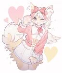 2024 4_fingers anthro blue_eyes blush bottomwear canid canine cepto_(artist) cheek_tuft claws clothing colored curled_tail digital_drawing_(artwork) digital_media_(artwork) eyebrows facial_tuft feathered_wings feathers female fingers fur hair hi_res inner_ear_fluff long_hair looking_at_viewer mammal multicolored_body multicolored_fur one_eye_closed pawpads pink_nose pink_pawpads pose shaded skirt smile solo tail topwear tuft two_tone_body two_tone_fur white_body white_claws white_eyebrows white_fur white_hair wings yellow_body yellow_fur