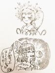 2girls ascot blush bow buttons closed_mouth collared_shirt commentary_request detached_sleeves eyeball frilled_bow frilled_hair_tubes frilled_shirt_collar frills hair_bow hair_ornament hair_tubes hairband hakurei_reimu heart heart_button heart_hair_ornament komeiji_satori long_hair menotama multi-source_commentary multiple_girls one-hour_drawing_challenge open_mouth orb shirt short_hair smile smug speech_bubble static_electricity third_eye touhou traditional_media translation_request yin_yang yin_yang_orb 