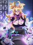  1girl ahoge animal_collar arielle_(vtuber) bare_shoulders black_shirt blonde_hair blue_eyes breasts cleavage collar commentary dog eiji_mizuki07 english_commentary glowstick hair_between_eyes heart heart_ahoge highres huge_breasts indie_virtual_youtuber large_breasts liquid_hair long_hair long_sleeves looking_at_viewer multicolored_hair open_mouth penlight_(glowstick) rainbow_hair shirt slime_(substance) speaker strapless sunglasses tongue tongue_out torn_clothes triangular_eyewear tube_top twintails virtual_youtuber white_tube_top 