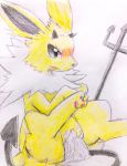  black_eyes black_nose blush chest_tuft clothing colored_pencil_(artwork) costume cum cum_in_pussy cum_inside disembodied_penis duo edit eeveelution eiroru female feral fur hi_res horn jolteon male male/female melee_weapon nintendo open_mouth pawpads penetration penis pink_pawpads pitchfork pok&eacute;mon pok&eacute;mon_(species) polearm pussy pussy_juice sex simple_background snout solo solo_focus spread_legs spreading tears traditional_media_(artwork) trident tuft uncensored vaginal vaginal_penetration video_games weapon white_fur yellow_fur 