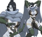  1girl armpits arms_up black_hair boots braid braided_ponytail breasts cape colored_skin commentary covered_eyes elbow_gloves female_seth_(street_fighter) gloves green_boots green_gloves grey_cape grey_skin hair_over_one_eye hand_on_own_face hand_on_own_head highres large_breasts long_hair looking_at_viewer multiple_views muscular muscular_female nasu_(ilo_a5) one_eye_covered open_mouth orb simple_background street_fighter street_fighter_v thick_thighs thigh_boots thighs torn_cape torn_clothes white_background yellow_eyes yin_yang yin_yang_orb 