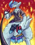 abstract_background anthro balls big_tail blue_eyes cheek_tuft choker claws clothing colored dated dominant dominant_anthro duo embers eye_contact facial_tuft fan_character finger_claws fire fire_background first_person_view fluffy fluffy_balls fluffy_chest formal_wear fur generation_5_pokemon genitals half-closed_eyes hi_res holding_penis jewelry knot knotted_penis leash leash_pull leashed_viewer legendary_pokemon looking_at_another looking_at_viewer male narrowed_eyes necklace nintendo nonbinary_(lore) offscreen_character penis pokemon pokemon_(species) reshiram shaded sharp_teeth signature slim smile smiling_at_viewer smirk smirking_at_viewer tail teeth thick_thighs tuft undergreysnest vein veiny_penis watermark white_body white_fur