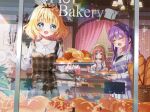  3girls baguette bakery black_bow blonde_hair blush bow bread brown_dress brown_hair chocolate_cornet cinnamon_roll closed_eyes commentary_request cowboy_shot curtains diagonal-striped_shirt display_case dress english_text flower-shaped_pupils food from_outside gochuumon_wa_usagi_desu_ka? green_eyes green_scarf hair_bow headscarf holding holding_tongs holding_tray hoto_mocha indoors kirima_syaro long_hair long_sleeves looking_at_another looking_outside melon_bread mozukun43 multiple_girls painting_(object) pinafore_dress plaid_clothes plaid_dress purple_eyes purple_hair purple_shirt scarf shirt shop sleeveless sleeveless_dress smile symbol-shaped_pupils tedeza_rize tongs tray twintails white_shirt wicker_basket 