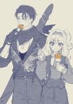  1boy 1girl burn_scar collared_shirt commentary_request dog_tags eating food freckles gloves grey_background greyscale hairband highres holding holding_food holding_ice_cream holding_spoon ice_cream j_(reverse:1999) jacket looking_at_food matilda_bouanich medium_hair milmil7 monochrome neckerchief necktie one_side_up open_mouth pants reverse:1999 scar scar_on_arm scar_on_face shirt short_hair smile spoon spot_color sweater upper_body weapon weapon_on_back 