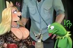 amphibian anthro big_breasts biped bodily_fluids bottomwear breasts clothed clothing domestic_pig female frog green_body group hi_res human jewelry kermit_the_frog larger_male lightsource male mammal miss_piggy muppets necklace size_difference suid suine sus_(pig) sweat topwear trio