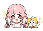  >_< 1girl ahoge animal artist_request black_bow black_ribbon blush_stickers bow bowtie bra_strap bright_pupils brown_eyes cat chibi cloak clothed_animal cropped_torso double_thumbs_up ear_covers eyes_visible_through_hair frilled_shirt frilled_sleeves frills hair_bow hair_ribbon hood hood_up hooded_cloak infinity_nikki long_hair long_sleeves looking_at_viewer low_twintails momo_(nikki) nikki_(nikki) nikki_(series) off-shoulder_shirt off_shoulder official_art open_mouth perfect_start_(infinity_nikki) pink_hair puffy_long_sleeves puffy_sleeves red_bow red_bowtie ribbon shirt sidelocks sleeves_past_wrists smile sparkle sticker_(medium) straight-on tareme thumbs_up traditional_bowtie transparent_background tress_ribbon twintails v-shaped_eyebrows very_long_hair wavy_hair whiskers white_cat white_pupils white_shirt yellow_cloak 