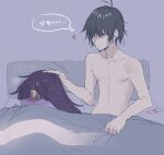  1boy 1girl antenna_hair bed bed_sheet blush brown_hair collarbone colored_sclera colored_skin commentary_request condom deltarune expressionless flipped_bangs freckles furry furry_female furry_with_non-furry genderswap genderswap_(otm) genderswap_on_non-genderswap hand_on_another's_head headpat heart heavy_breathing highres implied_after_sex indoors interspecies komugiko_(bitte_komu) kris_(deltarune) male_focus navel no_pupils on_bed pillow purple_skin red_eyes reptile_girl short_hair sitting speech_bubble susie_(deltarune) thought_bubble topless_male translation_request under_covers utdr_(toby_fox) yellow_sclera 