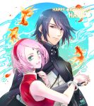  1boy 1girl :d black_eyes black_gloves black_hair black_jacket boruto:_naruto_next_generations boruto_(series) closed_mouth english_commentary fingerless_gloves fish gloves goldfish green_eyes grin happy_birthday haruno_sakura headband hetero holding_hands husband_and_wife jacket looking_at_viewer naruto_(series) ninja pink_hair red_shirt ryo_(ryoxkj) shirt short_hair sleeveless sleeveless_shirt smile teeth uchiha_sasuke upper_body 